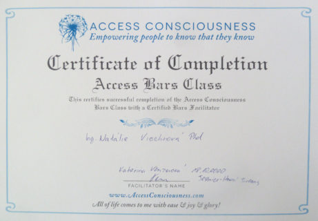 Certifikát o absolvování Access Consciousness Bars Class