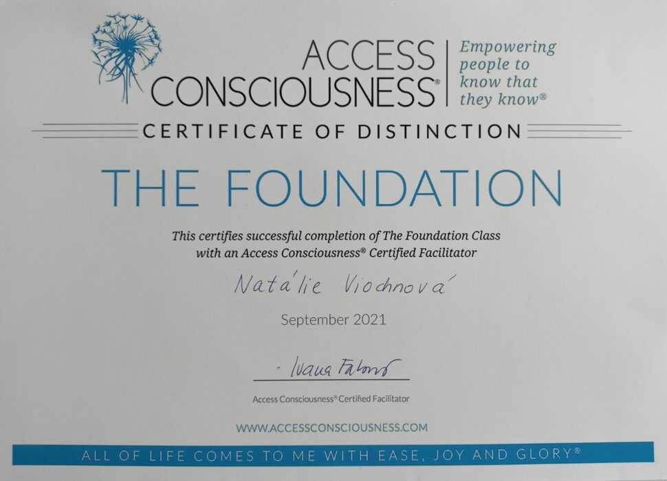 Certifikát o absolvování Access Consciousness Foundation Class